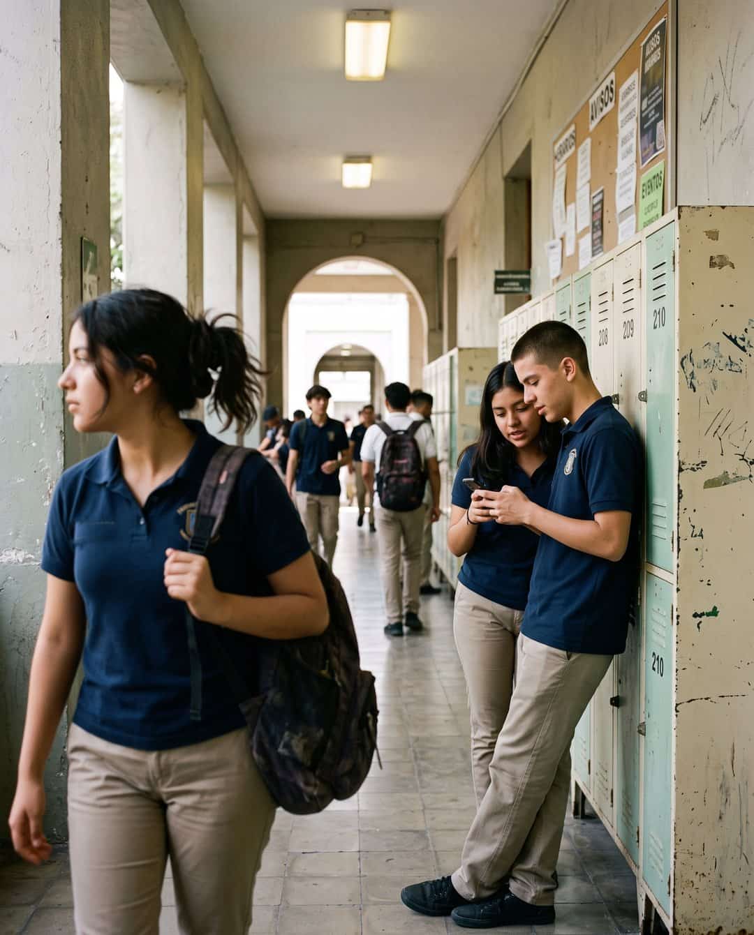 Pasillo de una prepa: una estudiante mira a dos compañeros que revisan algo en un celular.